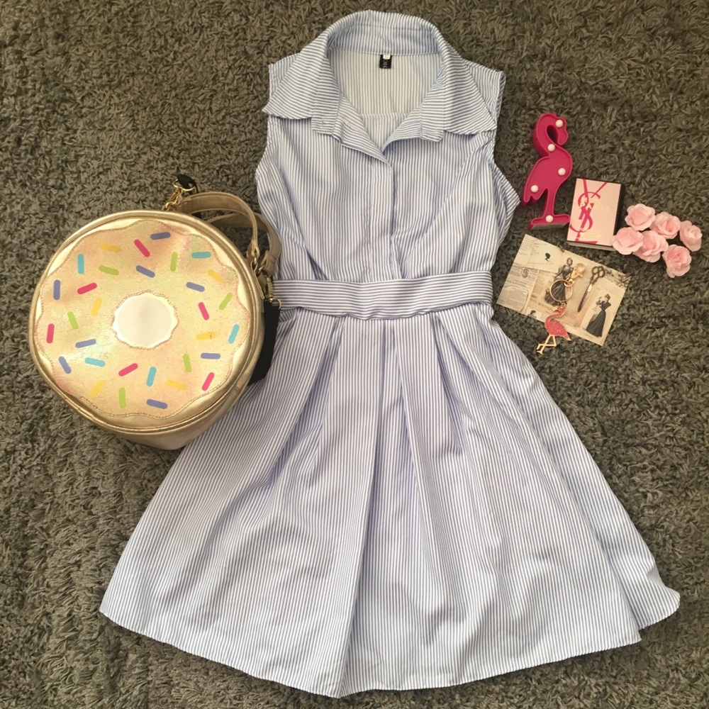 Blue and white striped dress.